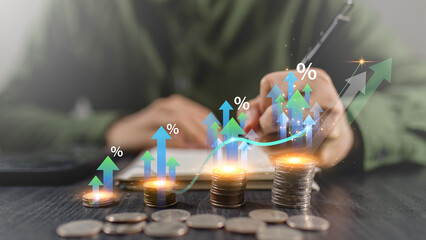 Market inflation rate impacts business capital cost. Businessman plans mortgage budget success....