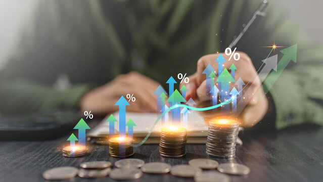 Market inflation rate impacts business capital cost. Businessman plans mortgage budget success. Stock fund percentage growth beats recession tax interest risks
