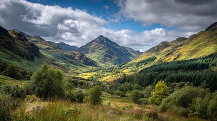 Dramatic Scottish Highlands valley landscape with moody sky, green hills, and scenic travel.