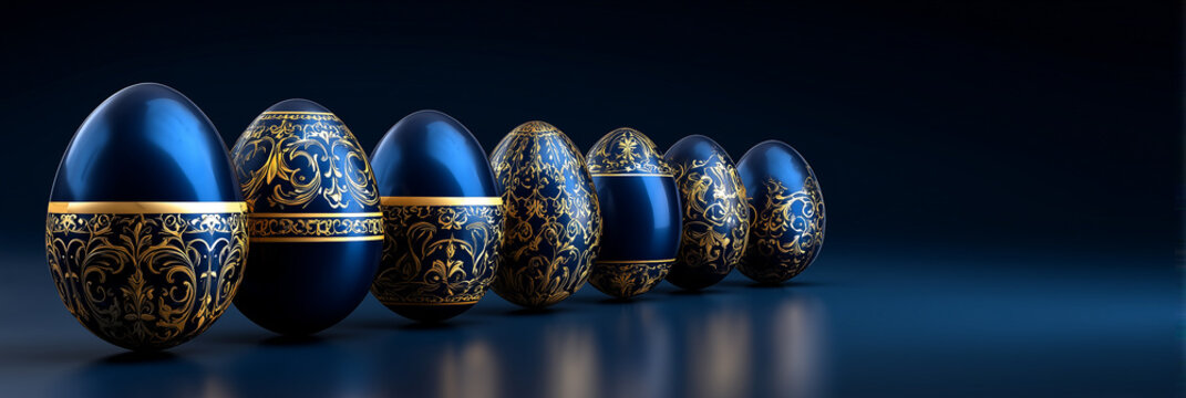 decorative dark blue and gold Easter eggs with gold luxurious decor, standing in a row on a glossy surface and a dark background. elegant easter card, banner