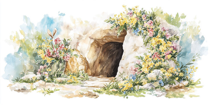 An empty tomb with a fallen stone surrounded by lush spring flowers on a white background. Easter watercolor card, symbol of resurrection, hope and renewal.
