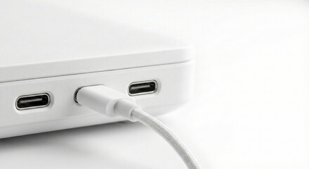 Modern white USB-C cable plugged into a sleek device with dual USB ports