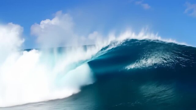 A large, curling ocean wave crests, with white spray and dark blue water, under a blue sky