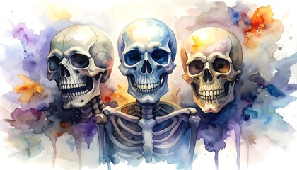 Three human skulls rendered in watercolor, with vibrant splashes of color behind them, creating an artistic, ethereal effect