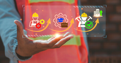 Construction worker presenting digital solution for labor shortage through skilled workforce training and vocational education growth