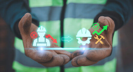 Construction worker presenting digital comparison of labor shortage crisis versus skilled workforce growth and industry solution