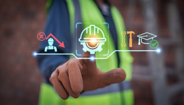 Construction worker using digital interface to solve labor shortage crisis through skilled workforce training and vocational education