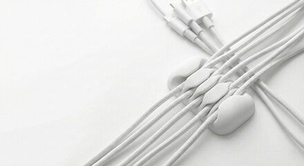 Multiple white charging cables with cable organizers on a clean white background