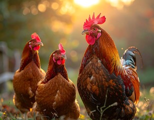 Rooster and Hens in Golden Light - A Farmyard Scene.