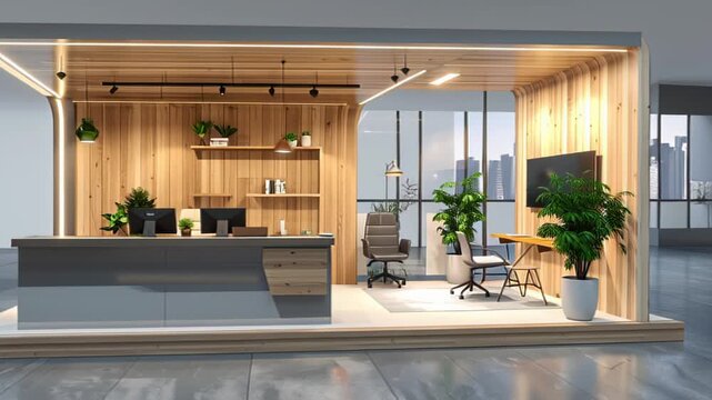 Modern Office Reception Booth Interior Design with Wooden Paneling and Minimalist Workspace