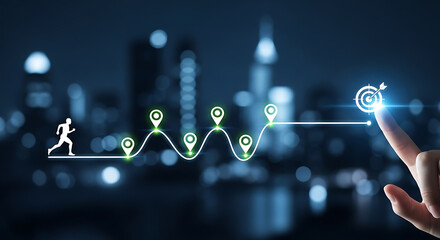 Business strategy visualization shows a runner achieving a final target goal by navigating milestones against a dark city backdrop