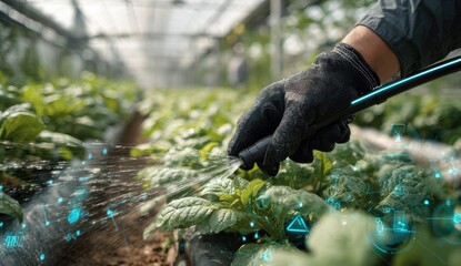 Close-up of a gloved hand spraying plants in a greenhouse with a digitized overlay