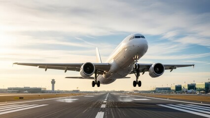 Obraz premium Passenger airplane taking off from runway during sunset, focusing on aviation industry, travel, and logistics