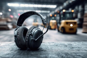 Close-up of protective earmuffs on a textured surface in an industrial setting, with forklifts blurred