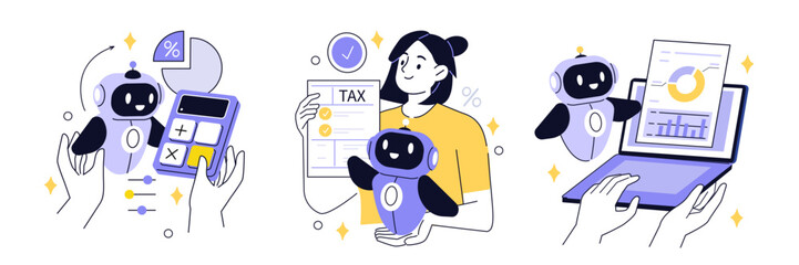 Character with ai robot preparing a tax declaration, filling documents, calculating taxes. Automated taxation concept set. Vector illustration.