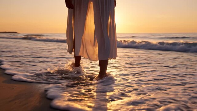 Person walking on beach at sunset