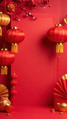 Vibrant Red Background Chinese New Year Decorations With Golden Accents And Ornate Lanterns