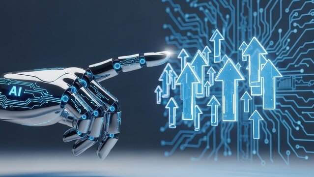 Robot is pointing at a bunch of arrows on a screen - Powered by Adobe