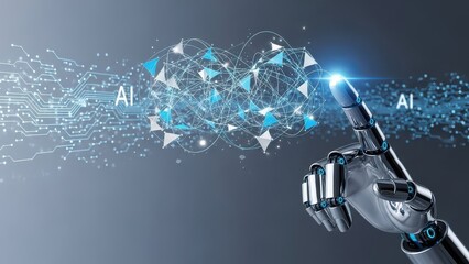 Robot hand is pointing at a screen with the words AI and AIL