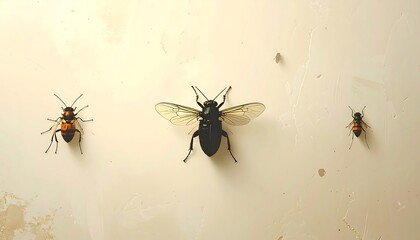 Three insects on a lightly textured background. The central one has outspread wings. Other insects flank it