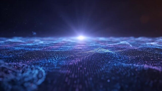 Abstract Blue and Purple Particle Waves With Bright Light Source In Dark Background