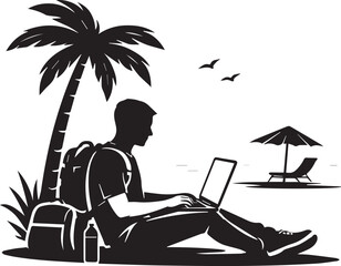 Digital Nomad Online Work Vector Silhouette &ndash; Laptop Freelancer Flat Black Illustration