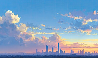 Naklejka premium Digitally painted cityscape silhouette under a vibrant, cloud-filled, sunset sky