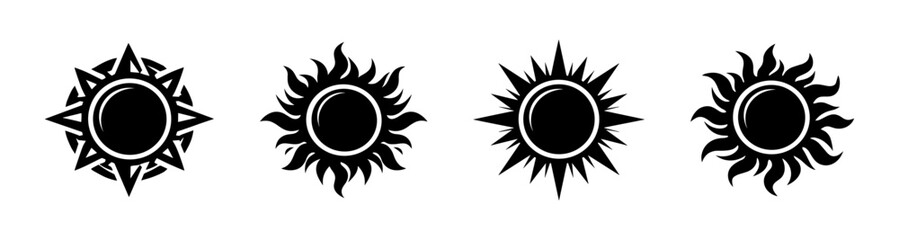 Sun symbols vector icons set: sunburst, celestial, black sun illustrations