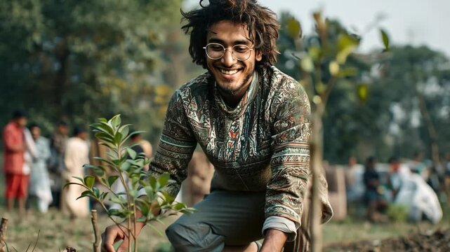 Young man smiling while planting tree sapling during cultural event, positive lifestyle contribution