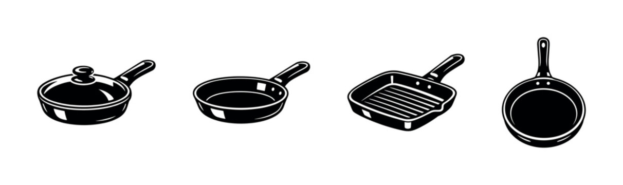 Kitchenware vector icons set: cooking pans, pots, and skillet illustrations