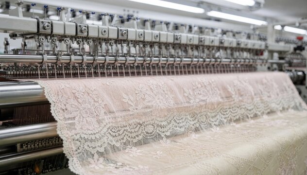 Medium shot of warp knitting machines producing delicate lingerie fabrics highlighting fine lace and intricate textile patterns in a brightly lit industrial setting.