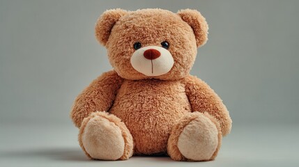 Obraz premium A classic brown teddy seated upright on a minimal surface.