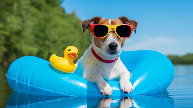 Cute dog wearing sunglasses on inflatable raft with rubber duck