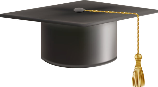 Realistic Black graduate cap. 3D Graduation Doctoral hat. PhD Academic mortarboard. Student degree board. Vector illustration.
