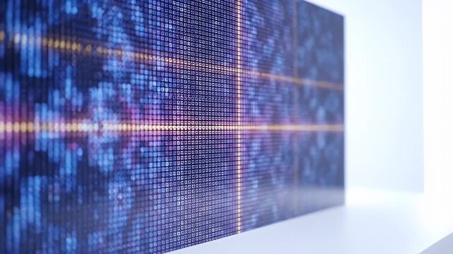 Abstract Digital Matrix Grid with Blue and Purple Bokeh Lights and Yellow Horizontal Lines in Soft Studio Lighting