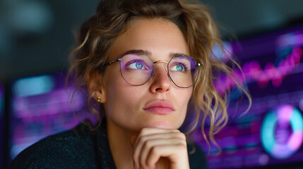 female financial analyst, focused on digital data charts, professional woman in office, violet and purple accents, modern business environment, upper body portrait, thoughtful professional