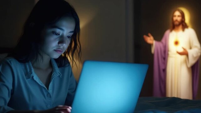 A young woman works on her laptop late at night in a dark room. A glowing figure of Jesus Christ watches over her from the background. Faith and spirituality in the modern age concept