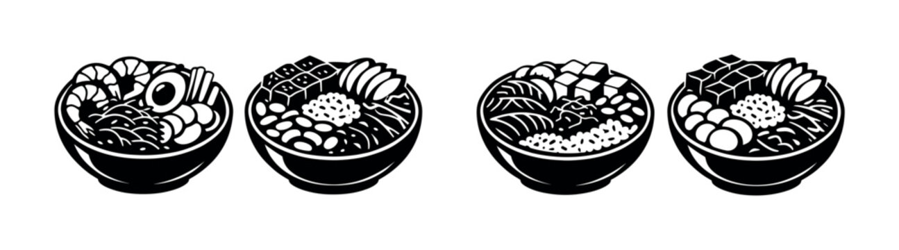 Japanese cuisine vector icons set: ramen, sushi, poke bowls and sashimi symbols