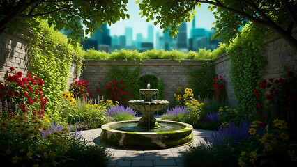 Serene garden with fountain surrounded by colorful flowers and greenery  