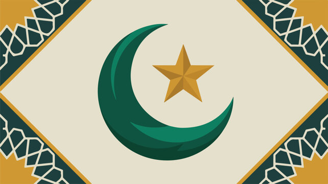 Pakistani flag with green crescent moon and golden star white background dark green border
