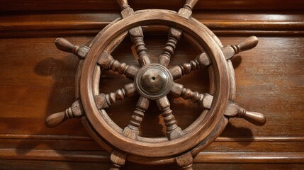 Ship wheel in warm brown wood formal and commanding for leadership symbolism