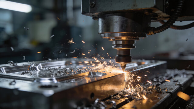 CNC machine cuts metal while producing sparks in a workshop during the day with tools and equipment scattered around the area
