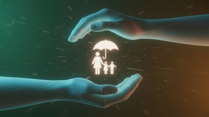 Glowing hands holding family umbrella icon in futuristic light, care theme, family protection, insurance planning