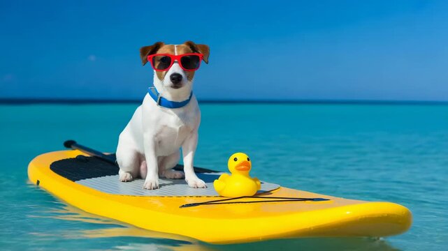 Playful dog in sunglasses on paddleboard with rubber duck