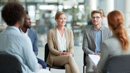Diverse Business Team in Meeting with Smiling  Listening, and Modern Office Space Background.