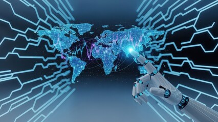 Robot is touching a screen with a blue globe in the background