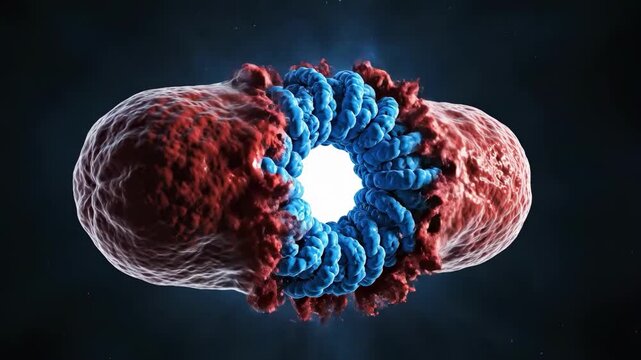 Bacterium with blue proteins bursting open with red particles
