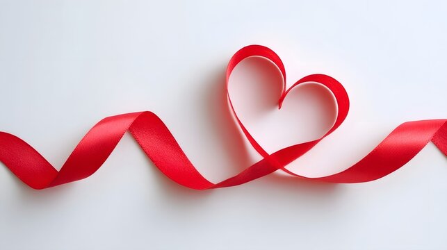 An elegant red satin ribbon forms a graceful heart shape on a clean white studio background perfect for representing love romance and Valentine s Day celeb ns
