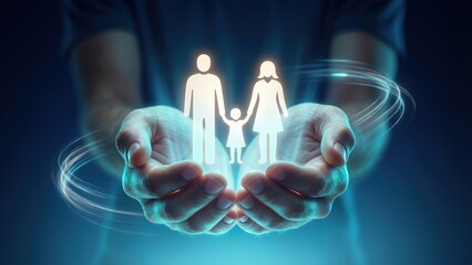 Hands holding bright family hologram against blue background, care concept, family protection, insurance planning
