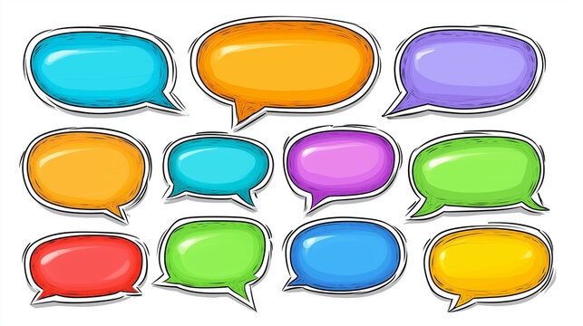 Funky y2k speech bubble scrapbook collection. Torn paper bubble shapes for dialogue, message and text. Comic colorful scrapbook collage speech bubbles. Hand drawn vector sketch ai generation